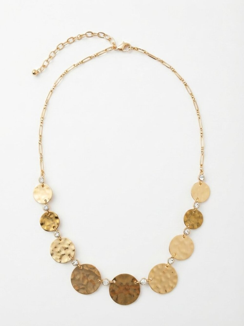 Elegant Gold Hammered Disc Statement Necklace with Crystal Accents